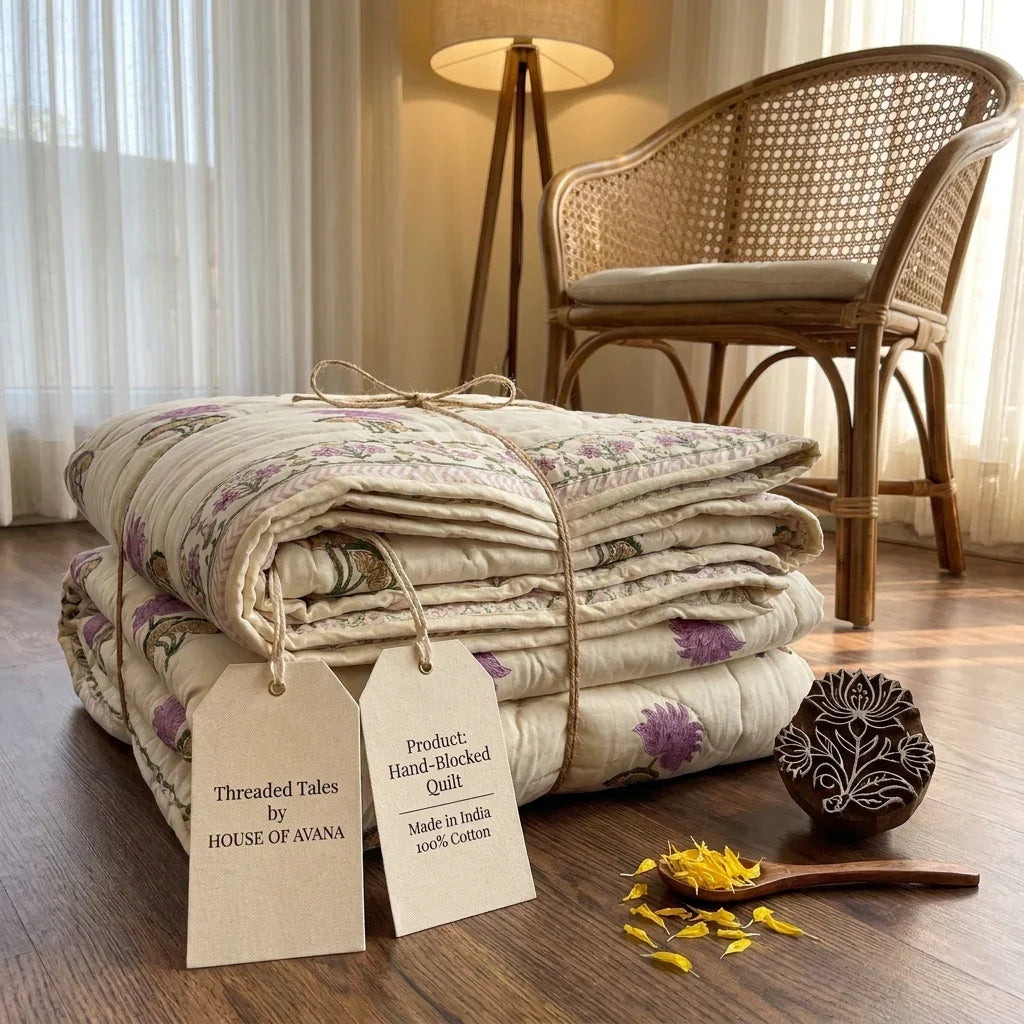 Cream & Mauve Jaipur Indian hand block print floral quilted comforter | Jaipur Indian hand block print cotton muslin quilted comforter | Sanganer floral block print bedding | Queen King size quilt India | House of Avana