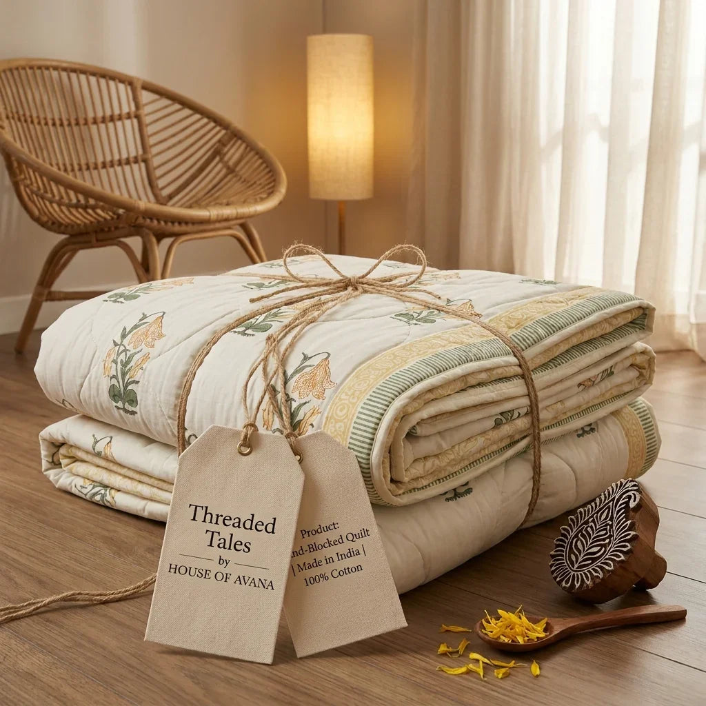 Cream & Golden Yellow Jaipur Indian hand block print floral quilted comforter | Jaipur Indian hand block print cotton muslin quilted comforter | Sanganer floral block print bedding | Queen King size quilt India | House of Avana
