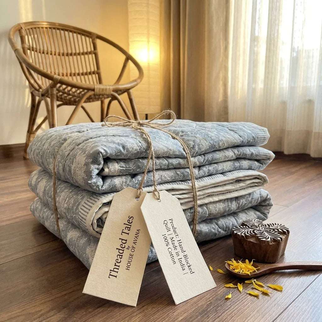 Soft Grey & Cream Jaipur Indian hand block print floral quilted comforter | Jaipur Indian hand block print cotton muslin quilted comforter | Sanganer floral block print bedding | Queen King size quilt India | House of Avana [[SKU:HOA-COM-SGCP-011]]