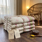 Cream & Deep Rose Olive Jaipur Indian hand block print floral quilted comforter | Jaipur Indian hand block print cotton muslin quilted comforter | Sanganer floral block print bedding | Queen King size quilt India | House of Avana [[SKU:HOA-COM-DROG-012]]