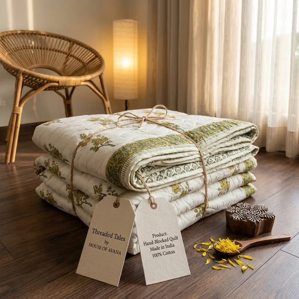 Cream & Mustard Yellow Olive Jaipur Indian hand block print floral quilted comforter | Jaipur Indian hand block print cotton muslin quilted comforter | Sanganer floral block print bedding | Queen King size quilt India | House of Avana