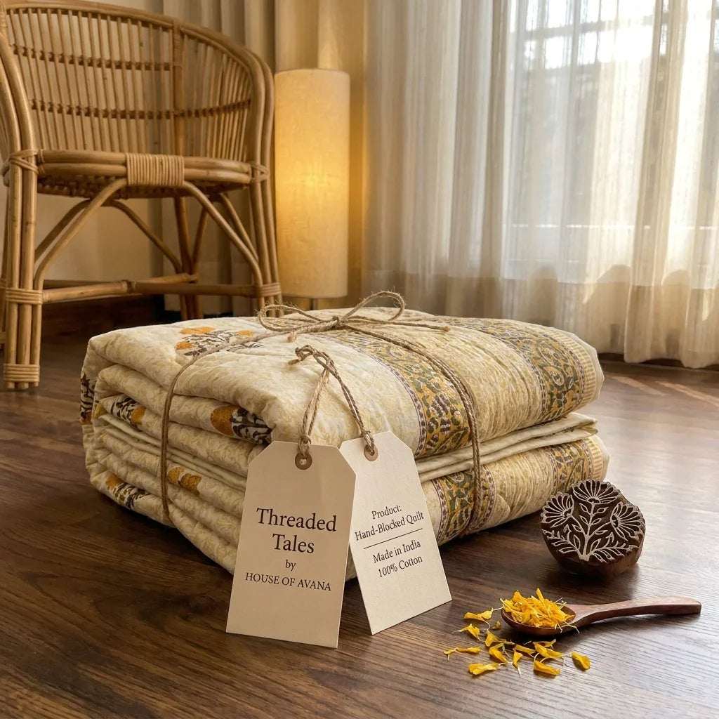 Light Grey & Charcoal Jaipur Indian hand block print floral quilted comforter | Jaipur Indian hand block print cotton muslin quilted comforter | Sanganer floral block print bedding | Queen King size quilt India | House of Avana [[SKU:HOA-COM-LGCG-017]]
