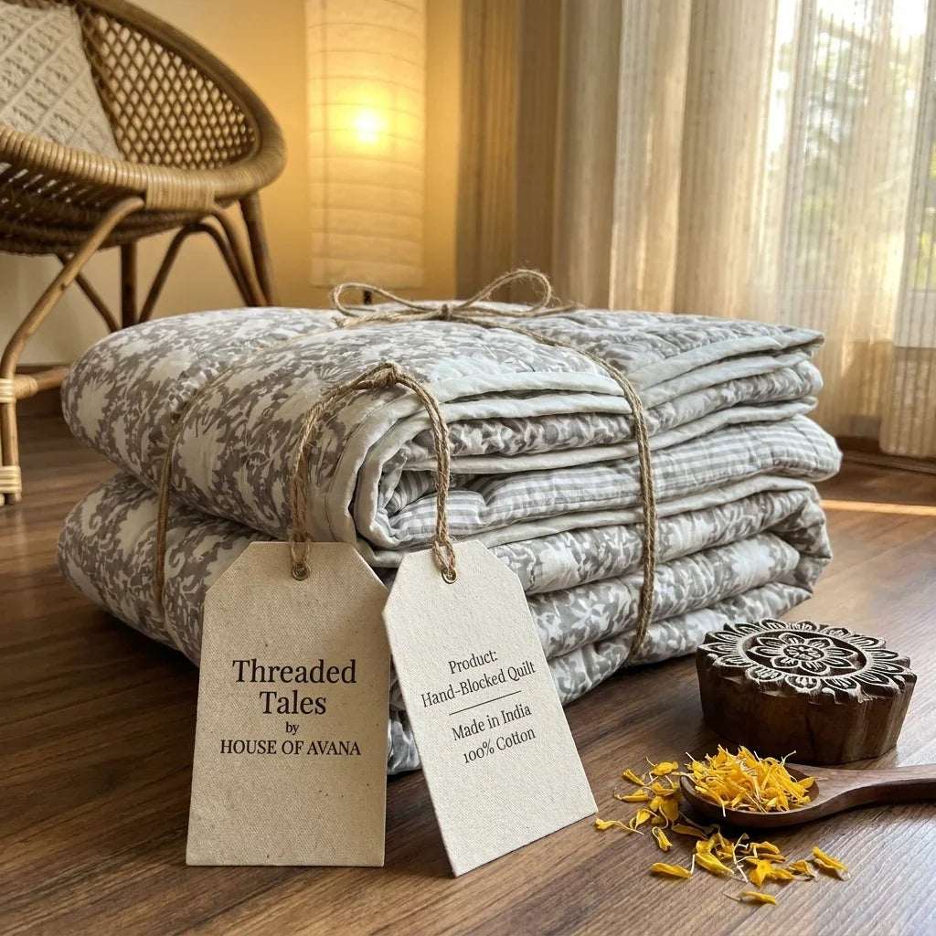 Cream & Rust Purple Jaipur Indian hand block print floral quilted comforter | Jaipur Indian hand block print cotton muslin quilted comforter | Sanganer floral block print bedding | Queen King size quilt India | House of Avana [[SKU:HOA-COM-RSPG-019]]