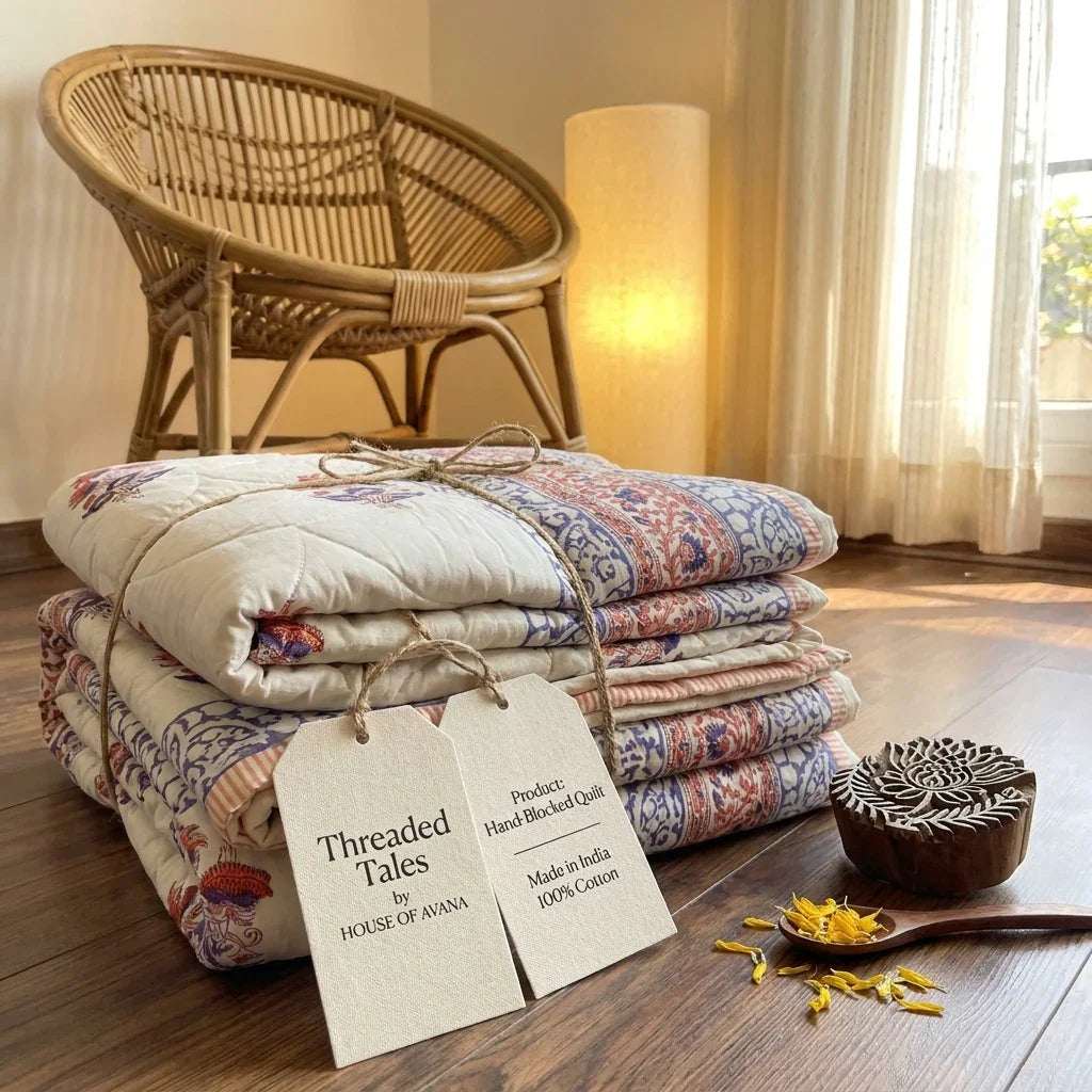 Lavender Grey & Cream Jaipur Indian hand block print floral quilted comforter | Jaipur Indian hand block print cotton muslin quilted comforter | Sanganer floral block print bedding | Queen King size quilt India | House of Avana [[SKU:HOA-COM-LVCR-020]]