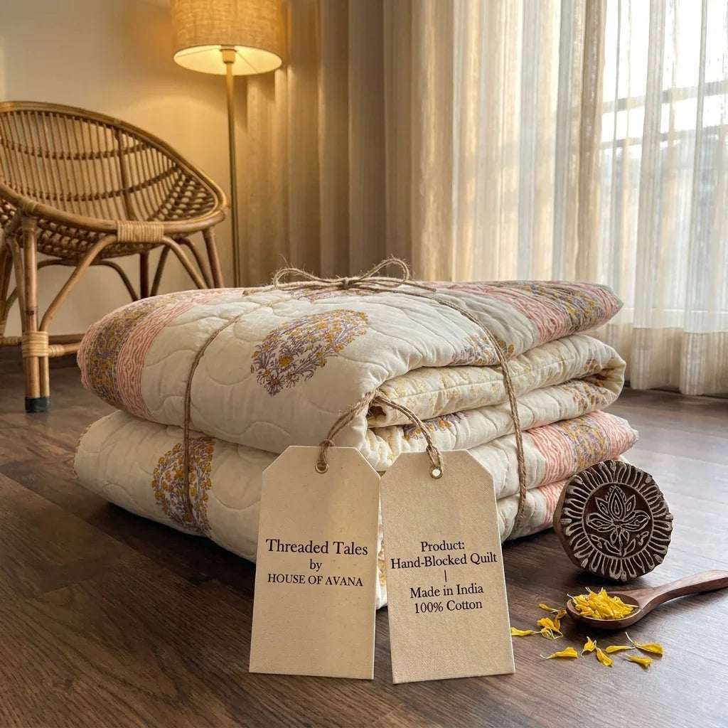 Cream & Sage Green Rose Pink Jaipur Indian hand block print floral quilted comforter | Jaipur Indian hand block print cotton muslin quilted comforter | Sanganer floral block print bedding | Queen King size quilt India | House of Avana [[SKU:HOA-COM-SGPK-024-Q]]