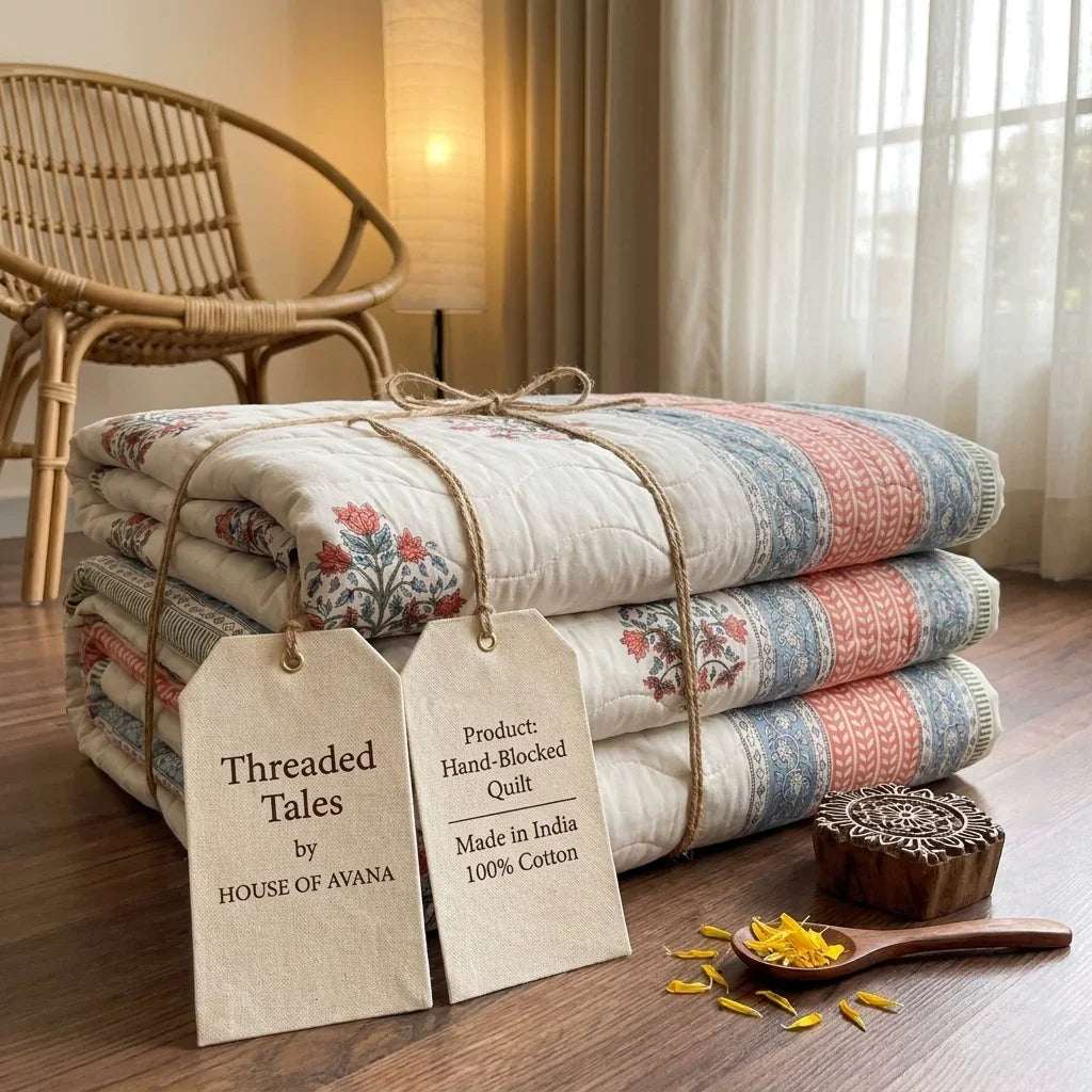 Cream & Dusty Blue Mauve Jaipur Indian hand block print floral quilted comforter | Jaipur Indian hand block print cotton muslin quilted comforter | Sanganer floral block print bedding | Queen King size quilt India | House of Avana [[SKU:HOA-COM-DBMV-026-Q]]