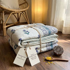 Cream & Indigo Blue Jaipur Indian hand block print floral quilted comforter | Jaipur Indian hand block print cotton muslin quilted comforter | Sanganer floral block print bedding | Queen King size quilt India | House of Avana [[SKU:HOA-COM-IBTL-002]]