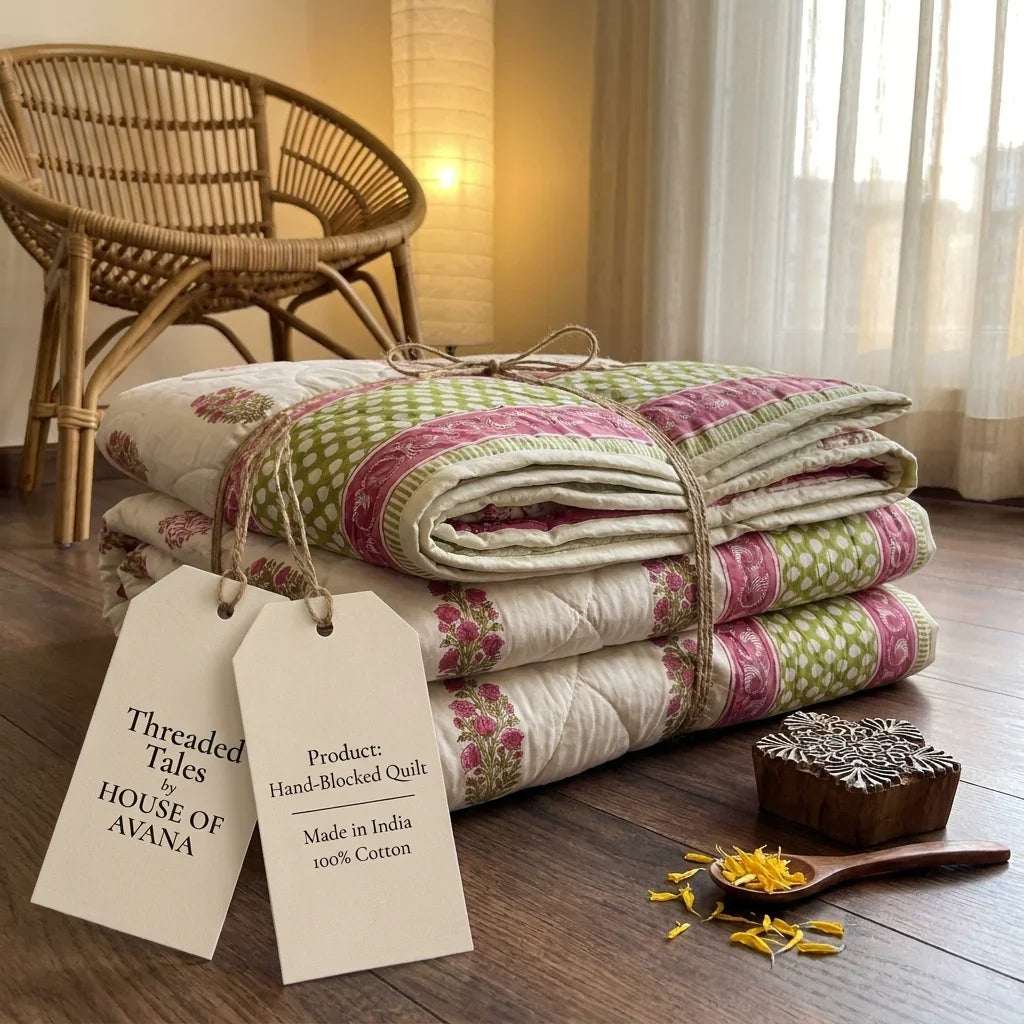 Cream & Deep Rose Jaipur Indian hand block print floral quilted comforter | Jaipur Indian hand block print cotton muslin quilted comforter | Sanganer floral block print bedding | Queen King size quilt India | House of Avana [[SKU:HOA-COM-DROG-003]]