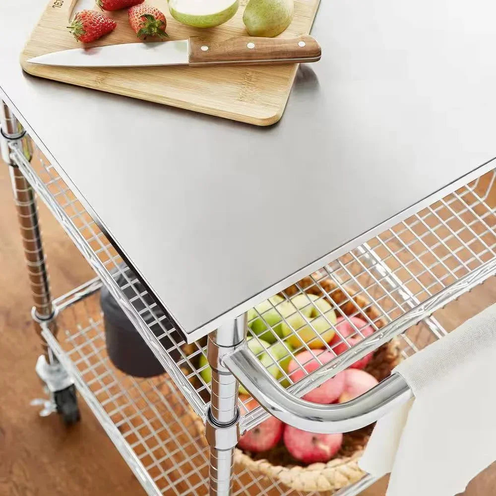 Compact Kitchen Cart with Stainless Steel Top and 2 Bottom Storage Shelves
