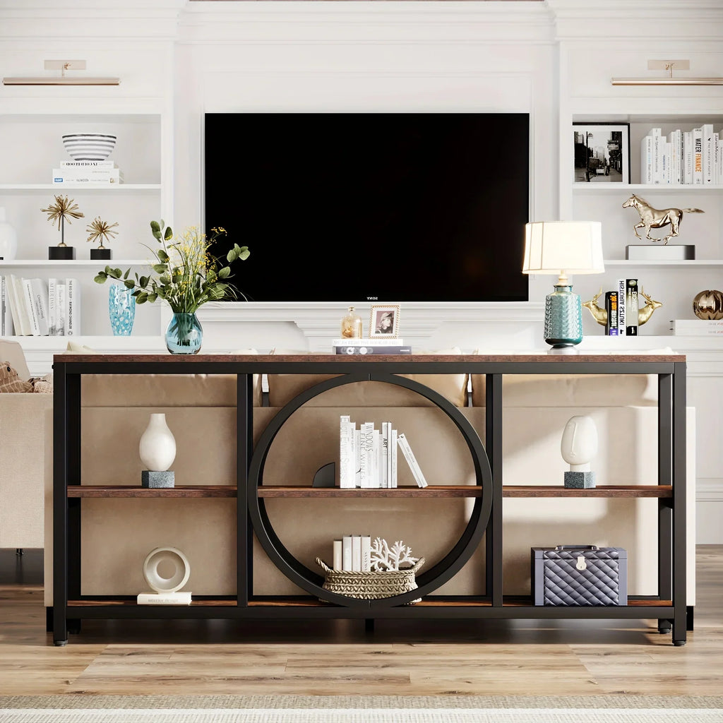 LITTLE TREE 70.9 inch Sofa Console Table, Extra Long Narrow Entryway Tables with 3 Tier Wood Storage Shelves Metal Frame for Foyer Hallway Living Room Behind Couch - House Of Avana