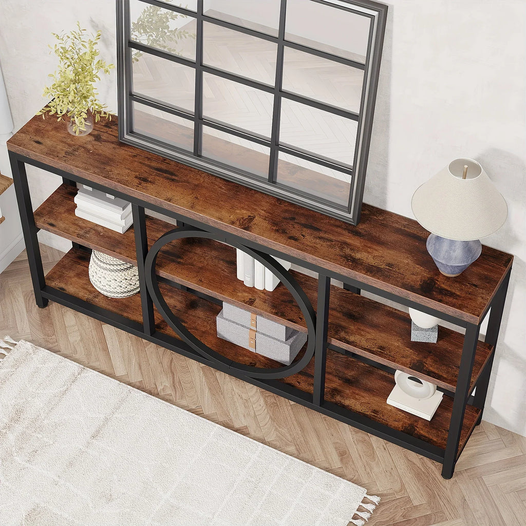 LITTLE TREE 70.9 inch Sofa Console Table, Extra Long Narrow Entryway Tables with 3 Tier Wood Storage Shelves Metal Frame for Foyer Hallway Living Room Behind Couch - House Of Avana