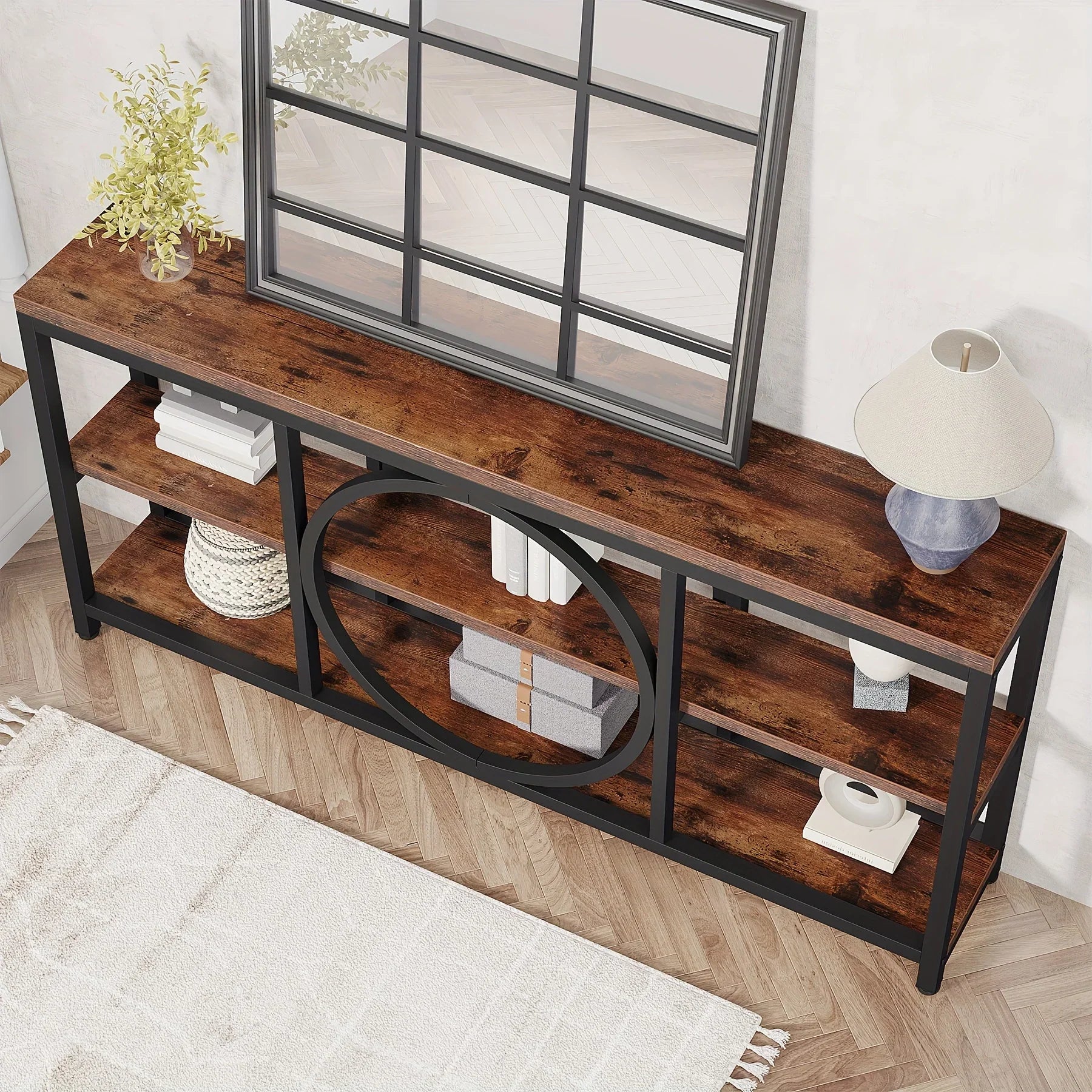 LITTLE TREE 70.9 inch Sofa Console Table, Extra Long Narrow Entryway Tables with 3 Tier Wood Storage Shelves Metal Frame for Foyer Hallway Living Room Behind Couch - House Of Avana