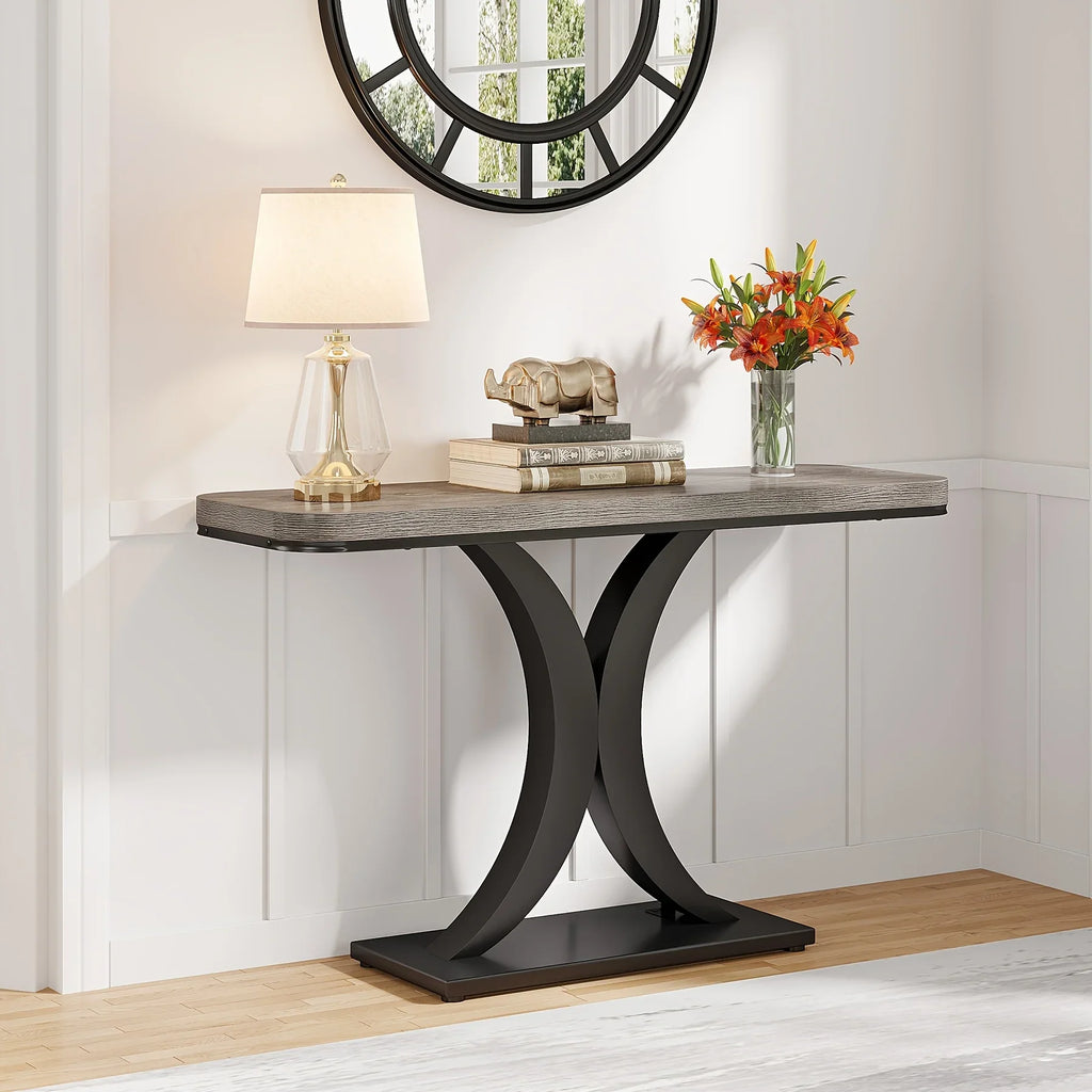 Industrial Console Table Sofa Table, 40 Inch Narrow Entryway Foyer Table With Geometric Base, Rustic Hallway Accent Table For Living Room, Entrance, Small Space, Gray And Black, Christmas Renewals - House Of Avana
