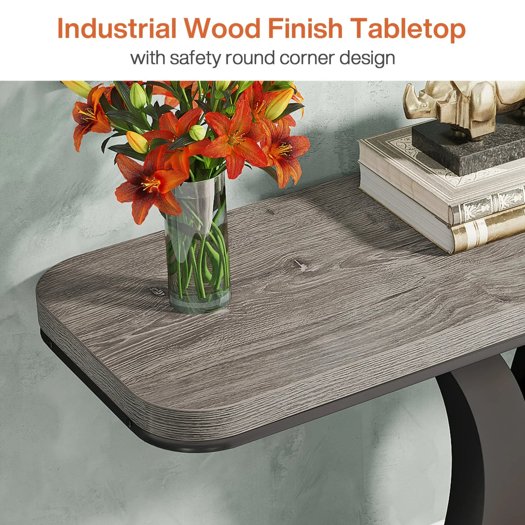 Industrial Console Table Sofa Table, 40 Inch Narrow Entryway Foyer Table With Geometric Base, Rustic Hallway Accent Table For Living Room, Entrance, Small Space, Gray And Black, Christmas Renewals - House Of Avana