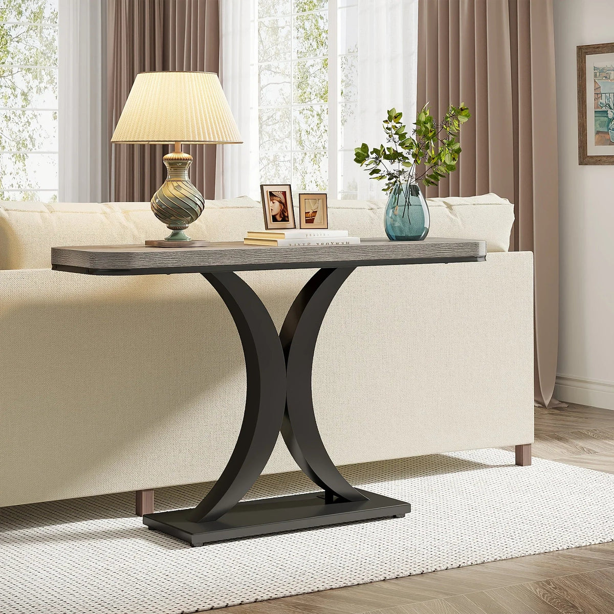 Industrial Console Table Sofa Table, 40 Inch Narrow Entryway Foyer Table With Geometric Base, Rustic Hallway Accent Table For Living Room, Entrance, Small Space, Gray And Black, Christmas Renewals - House Of Avana [[SKU:HOA-CON-001]]