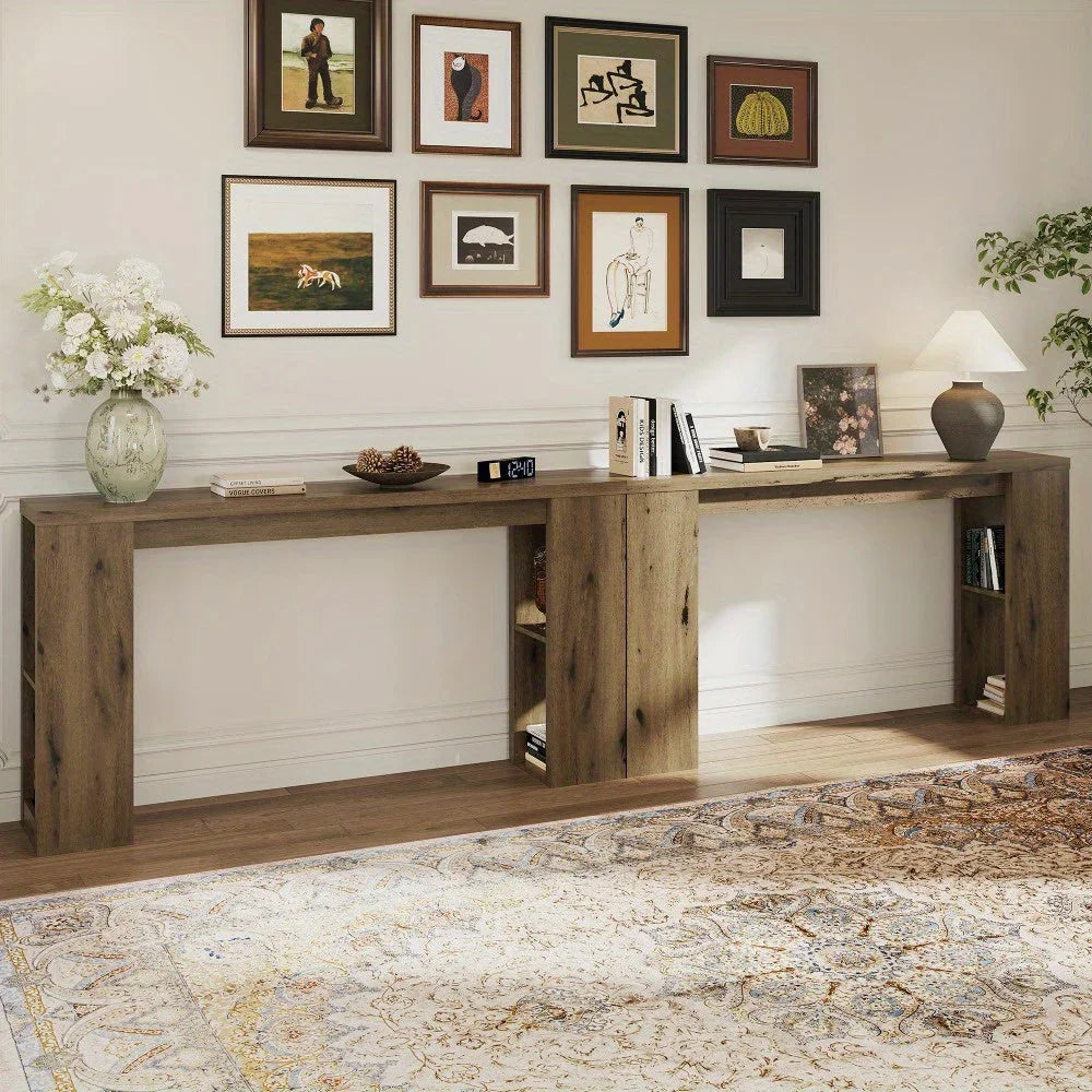 Royalcraft Extra Long 63'' Farmhouse Console Table with Storage - Solid Hardwood Modern Entryway Sofa Table, Tall Narrow Hallway Table with Natural Wood Finish, Easy Assembly for Living Room, Foyer, Behind Couch - Rustic Mode House Of Avana