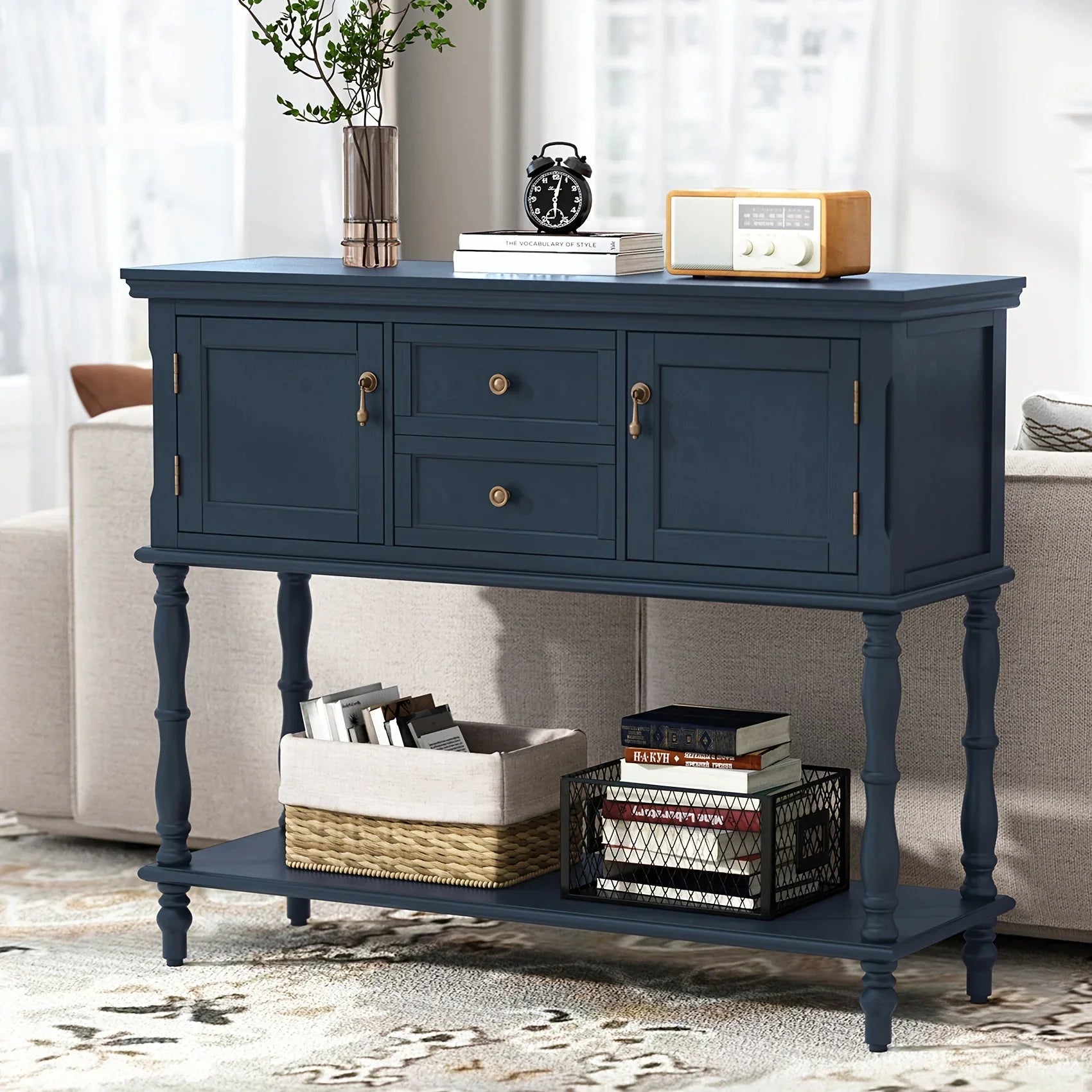 Console Table With 2 Drawers, Retro Entryway Table With 2 Door Cabinets And Open Storage Shelf, Narrow Long Sofa Table, Behind Couch Table For Living Room, Foyer And Hallway House Of Avana