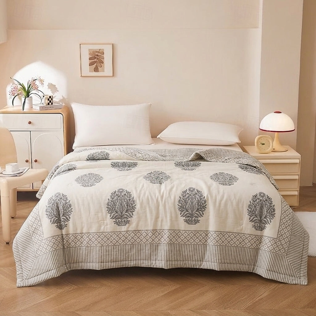 Cream & Charcoal Grey Floral Hand Block Print Quilted Comforter