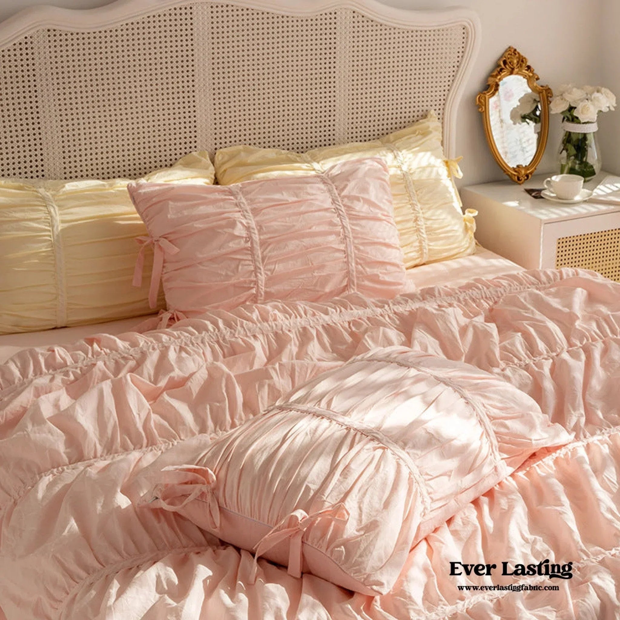 Coquette Ruffle Ribbon Ties Duvet Cover / Pink Ever Lasting