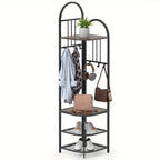 ERGOMASTER 4-in-1 Entryway Organizer: 180cm Tall Corner Coat Rack with Shoe Bench, 2-Tier Mesh Shoe Storage & 6 Removable Hooks - Space-Saving Hall Tree for Home or Retail Stores, Rustic Brown (Engineered Wood & Metal), Powde House Of Avana