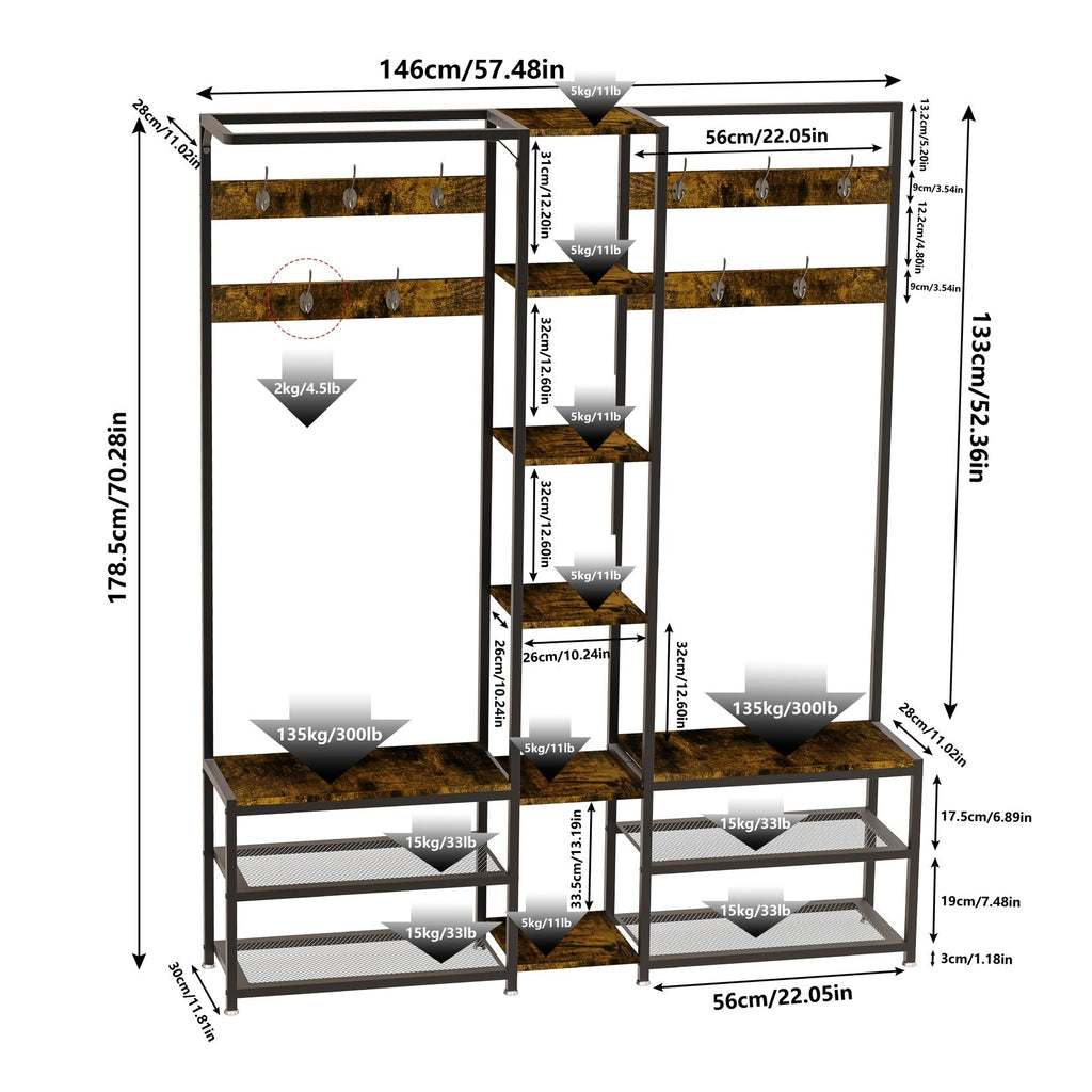 178.5cm H Coat Rack Shoe Bench: Industrial Corner Coat Stand with Shoe Rack Storage Bench for Entryway, Coat Rack Stand with 10 Hooks for Living Room, Bedroom, Rustic Brown House Of Avana