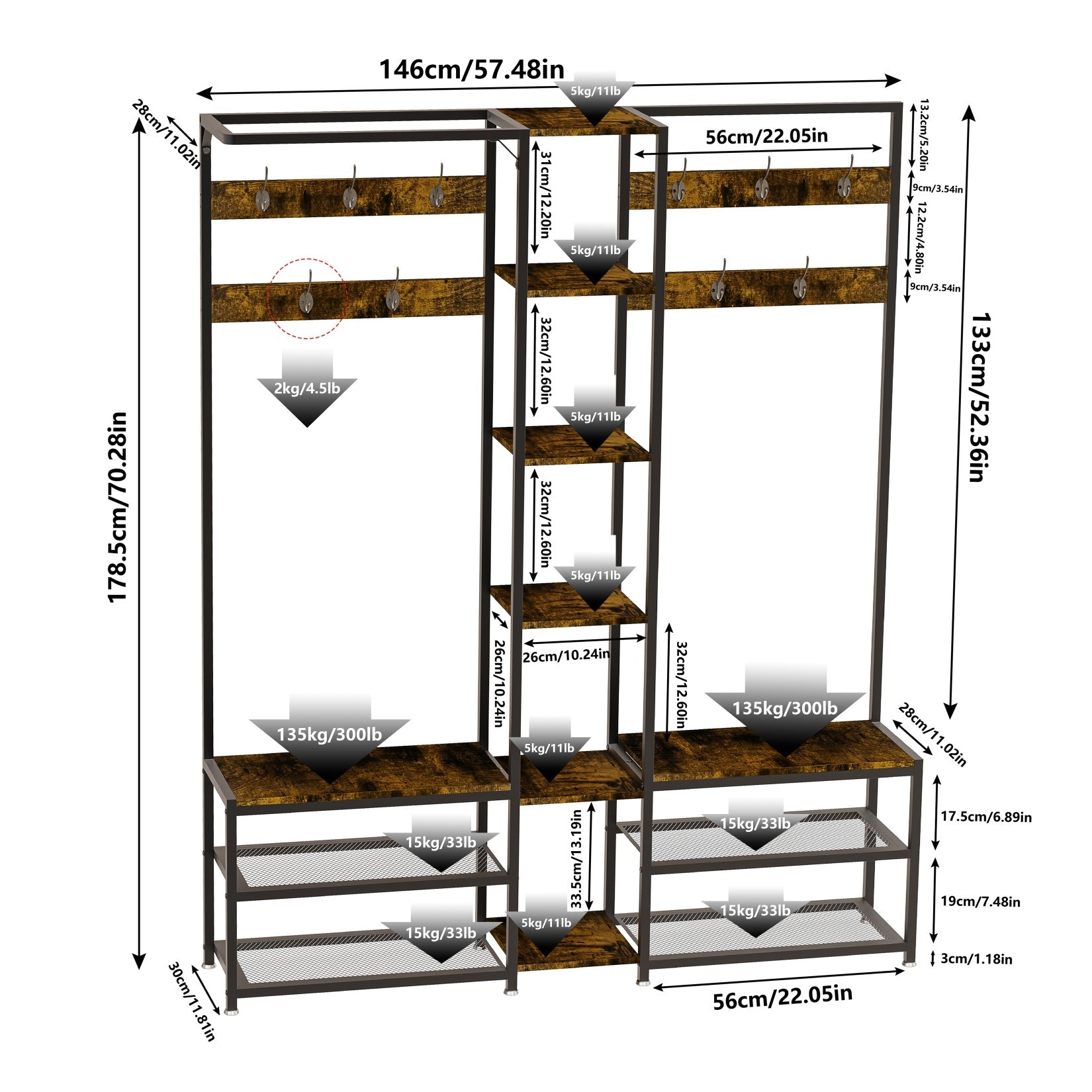 178.5cm H Coat Rack Shoe Bench: Industrial Corner Coat Stand with Shoe Rack Storage Bench for Entryway, Coat Rack Stand with 10 Hooks for Living Room, Bedroom, Rustic Brown House Of Avana