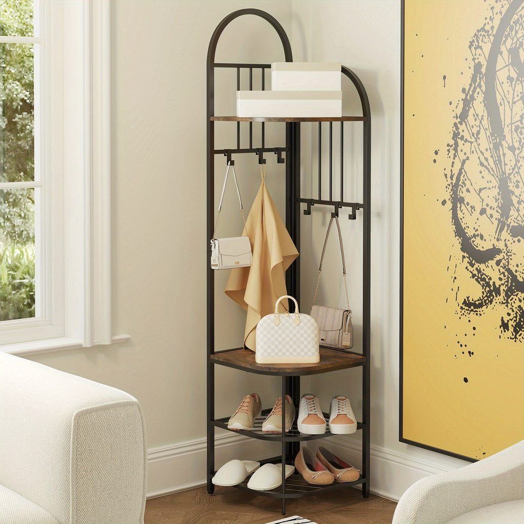 ERGOMASTER 4-in-1 Entryway Organizer: 180cm Tall Corner Coat Rack with Shoe Bench, 2-Tier Mesh Shoe Storage & 6 Removable Hooks - Space-Saving Hall Tree for Home or Retail Stores, Rustic Brown (Engineered Wood & Metal), Powde House Of Avana