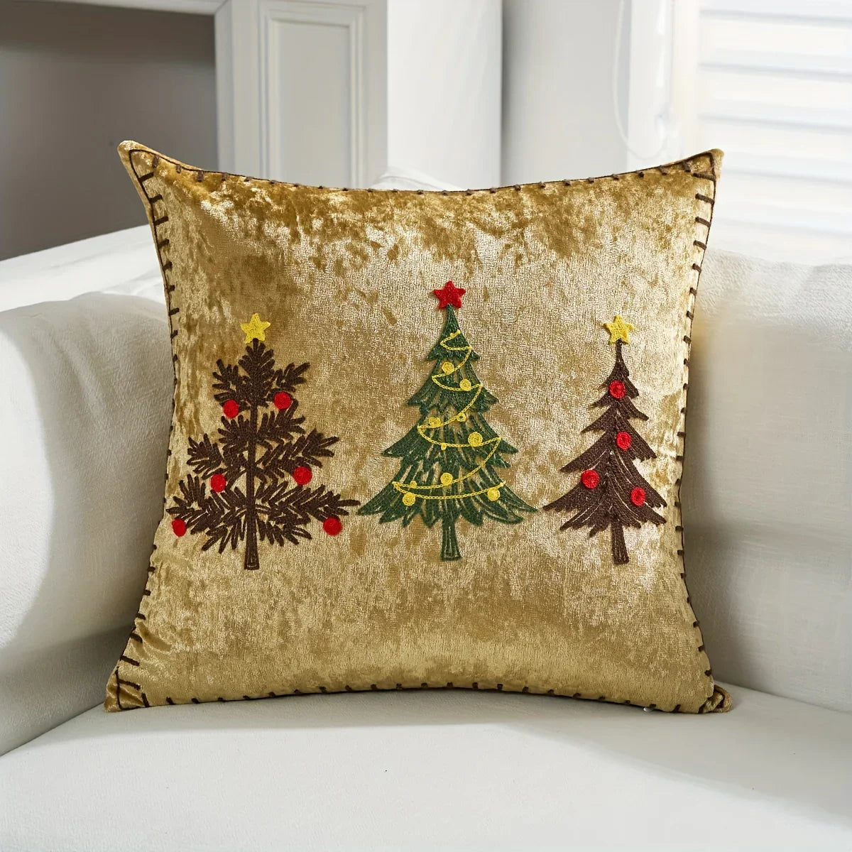 Cotton Christmas Pillow Cover 18x18 Inches, White with Golden Snowflake Design - House Of Avana