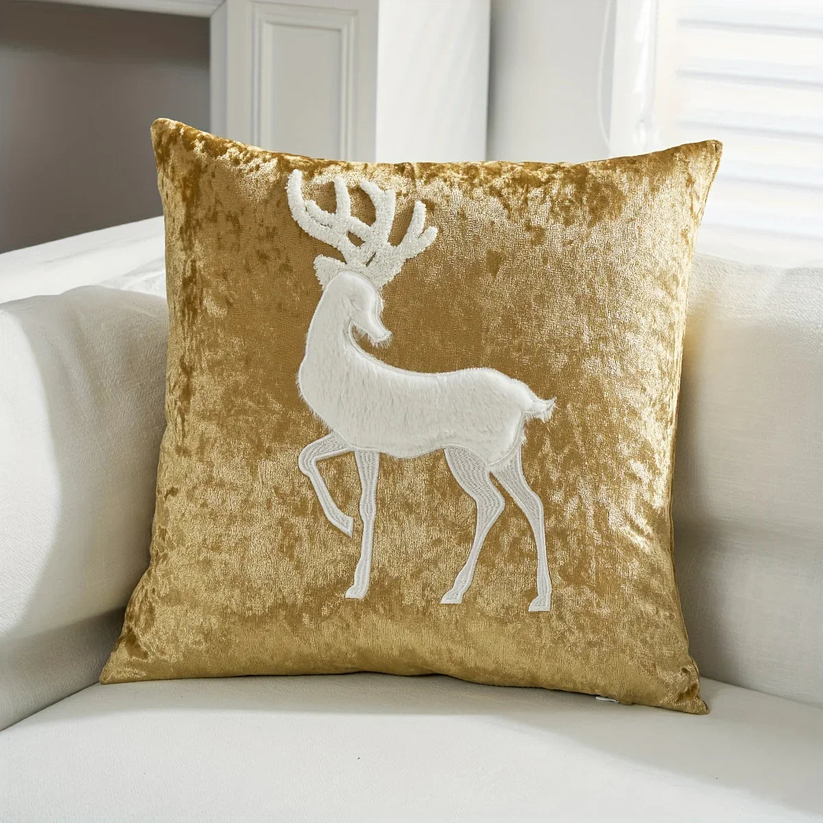 Cotton Christmas Pillow Cover 18x18 Inches, White with Golden Snowflake Design - House Of Avana