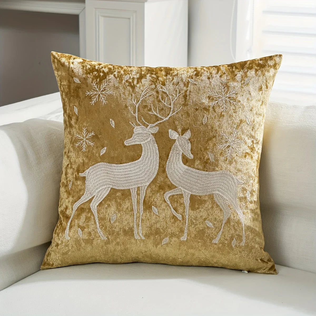 Cotton Christmas Pillow Cover 18x18 Inches, White with Golden Snowflake Design - House Of Avana