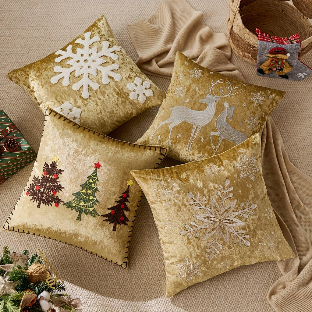 Cotton Christmas Pillow Cover 18x18 Inches, White with Golden Snowflake Design - House Of Avana