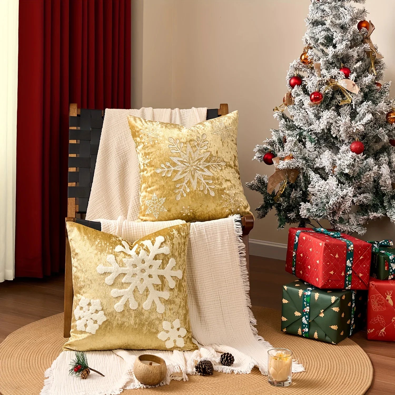 Cotton Christmas Pillow Cover 18x18 Inches, White with Golden Snowflake Design - House Of Avana