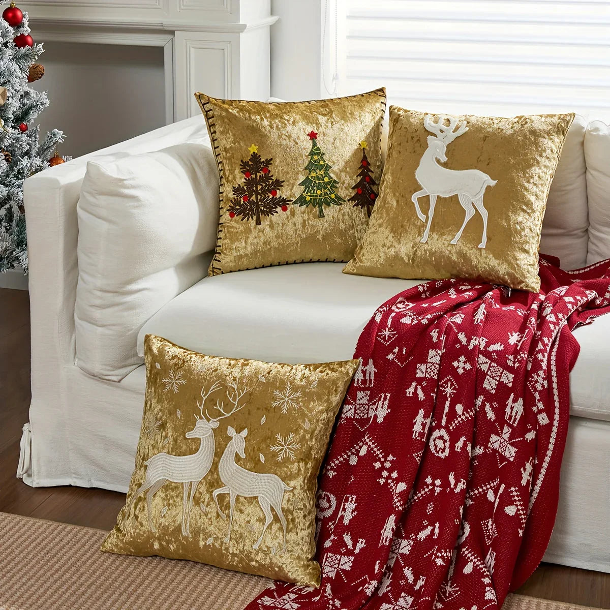 Cotton Christmas Pillow Cover 18x18 Inches, White with Golden Snowflake Design - House Of Avana
