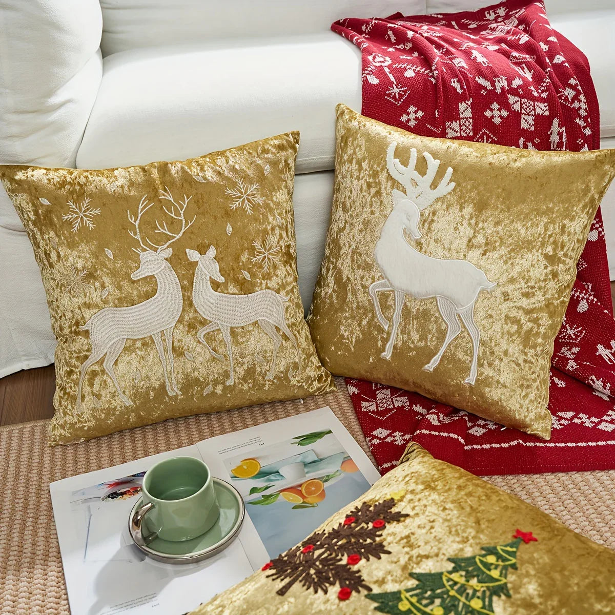 Cotton Christmas Pillow Cover 18x18 Inches, White with Golden Snowflake Design - House Of Avana