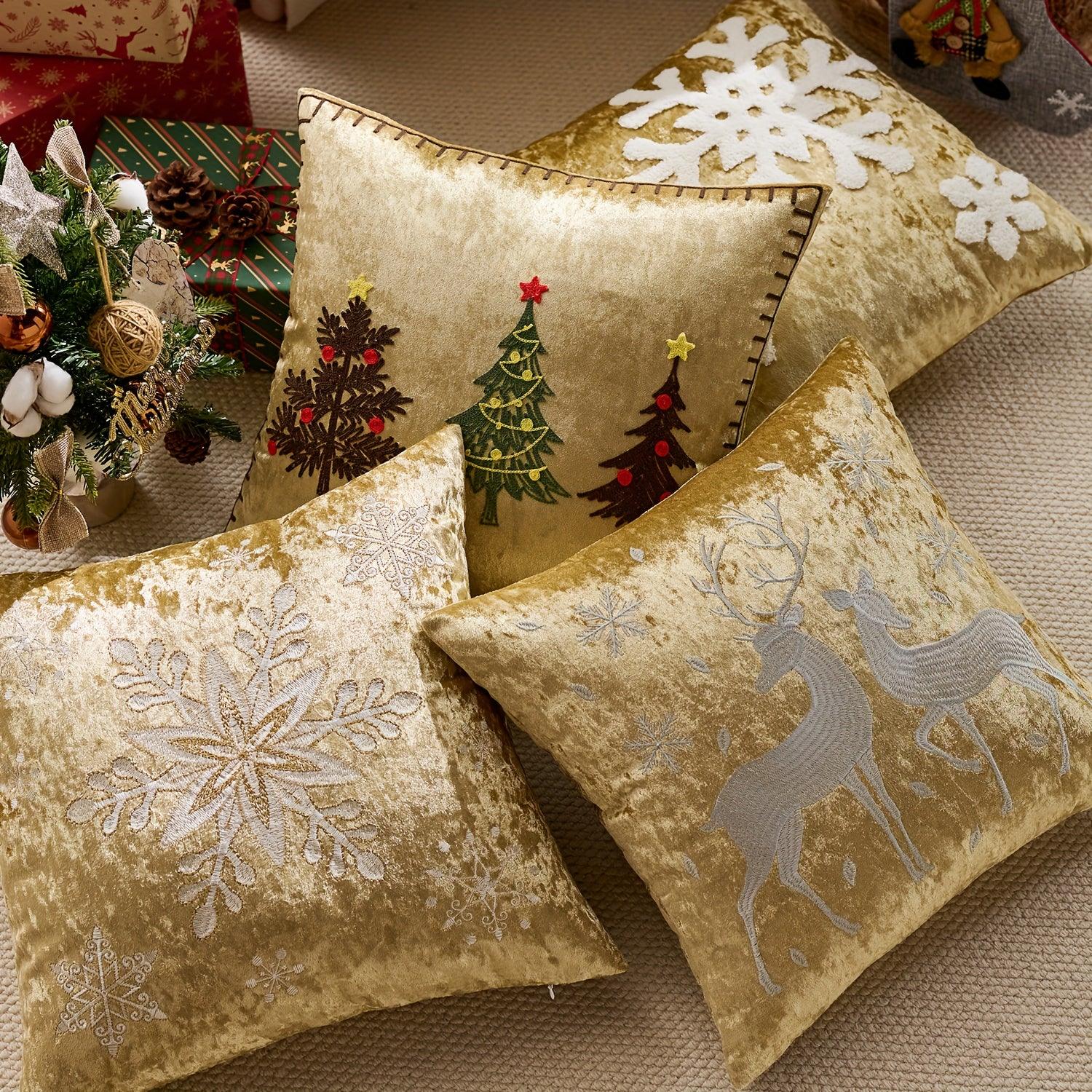 Cotton Christmas Pillow Cover 18x18 Inches, White with Golden Snowflake Design - House Of Avana