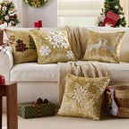 Cotton Christmas Pillow Cover 18x18 Inches, White with Golden Snowflake Design - House Of Avana