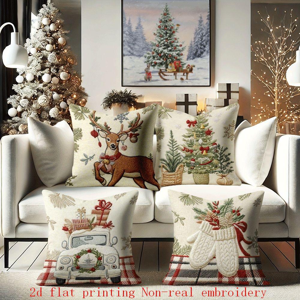 Cotton Pillow Covers with Embroidered Christmas Tree, 17.72" X 17.72" Zipper Cushion Cover - House Of Avana