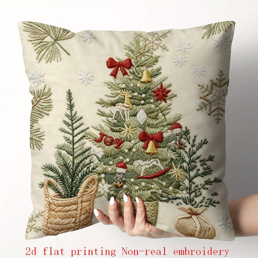 Cotton Pillow Covers with Embroidered Christmas Tree, 17.72" X 17.72" Zipper Cushion Cover - House Of Avana