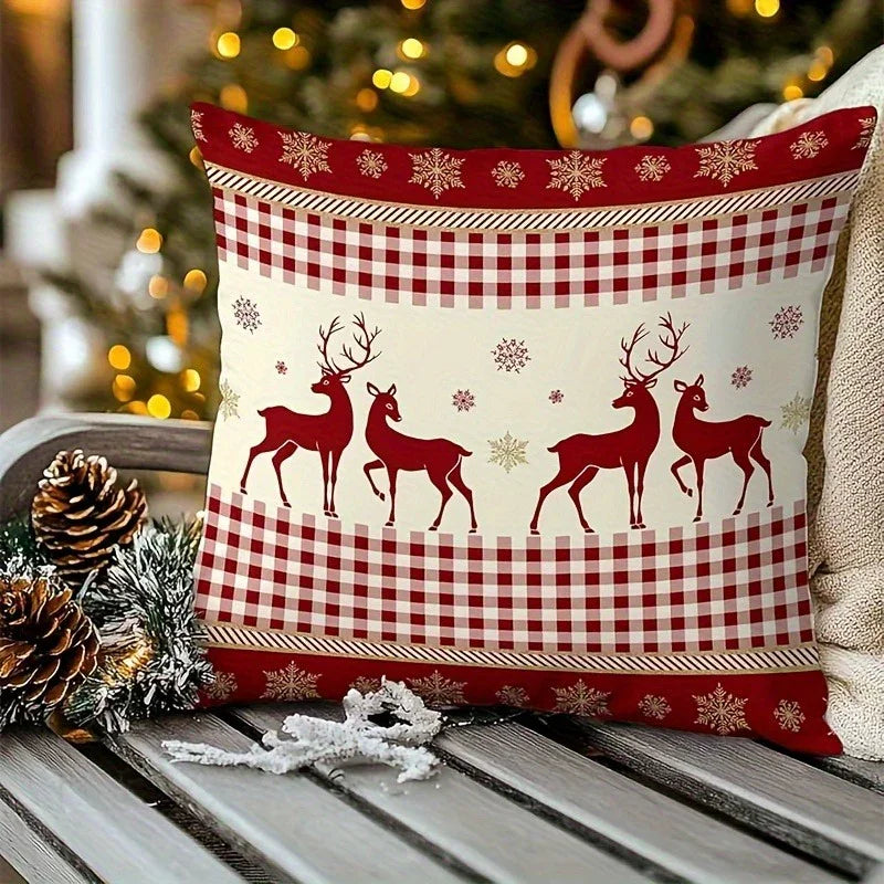 Cotton Reindeer Pillow Covers, Red and White Checkered Christmas Decoration, S - House Of Avana