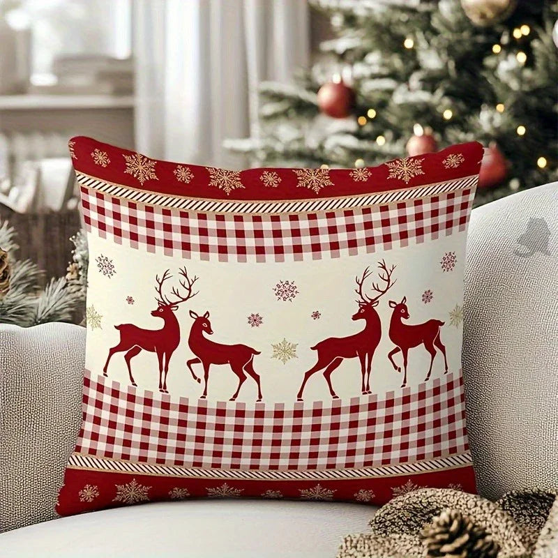 Cotton Reindeer Pillow Covers, Red and White Checkered Christmas Decoration, S - House Of Avana