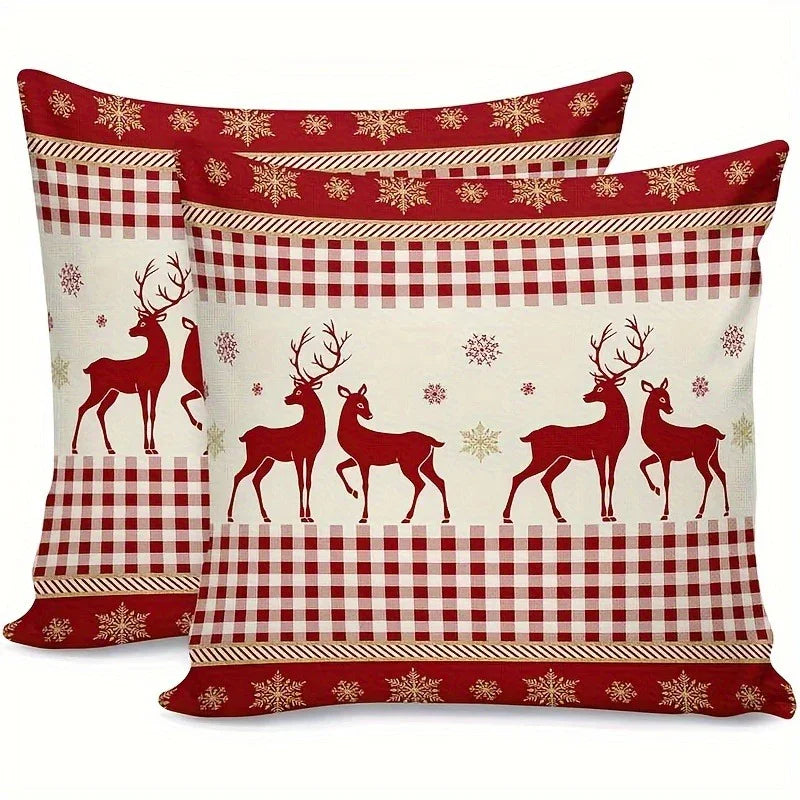 Cotton Reindeer Pillow Covers, Red and White Checkered Christmas Decoration, S - House Of Avana