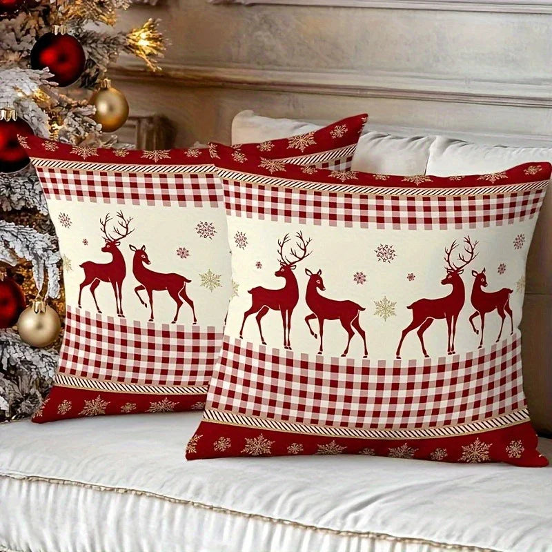 Cotton Reindeer Pillow Covers, Red and White Checkered Christmas Decoration, S - House Of Avana