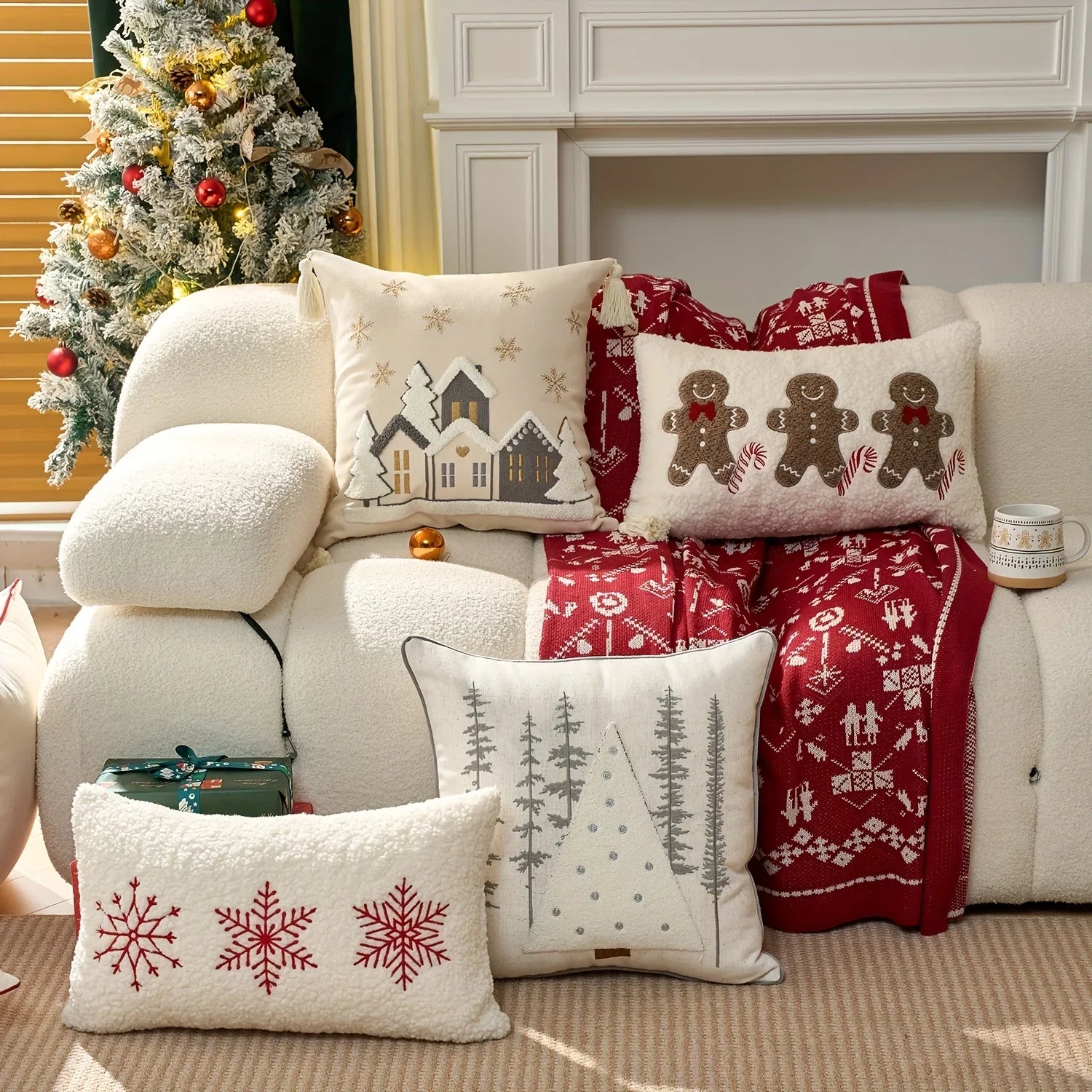 Cotton Throw Pillow Cover - Snowhouse & Tree Design with Golden Stars, Red & White - House Of Avana