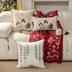 Cotton Throw Pillow Cover - Snowhouse & Tree Design with Golden Stars, Red & White - House Of Avana