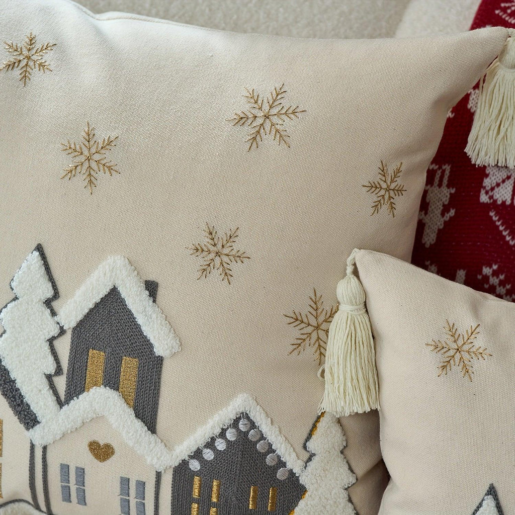 Cotton Throw Pillow Cover - Snowhouse & Tree Design with Golden Stars, Red & White - House Of Avana