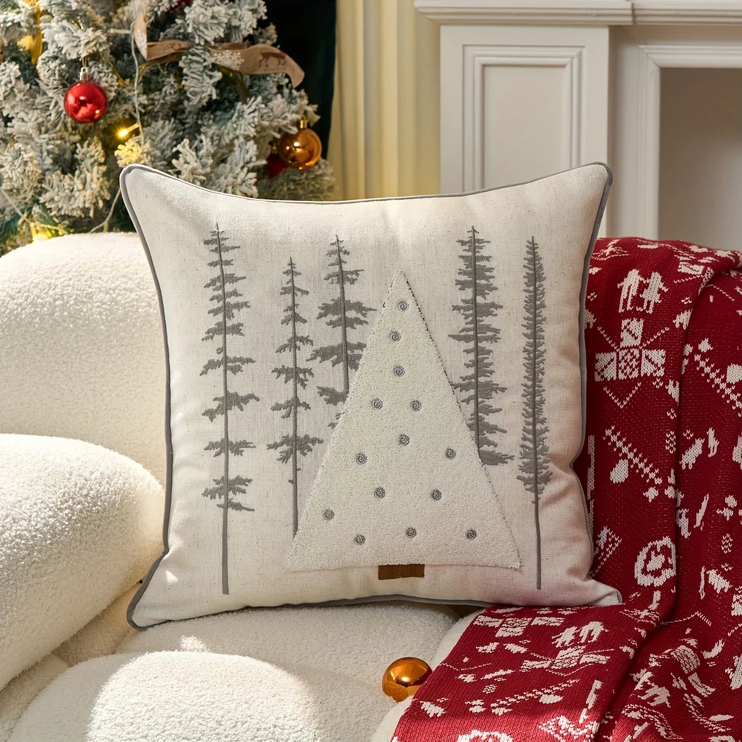 Cotton Throw Pillow Cover - Snowhouse & Tree Design with Golden Stars, Red & White - House Of Avana