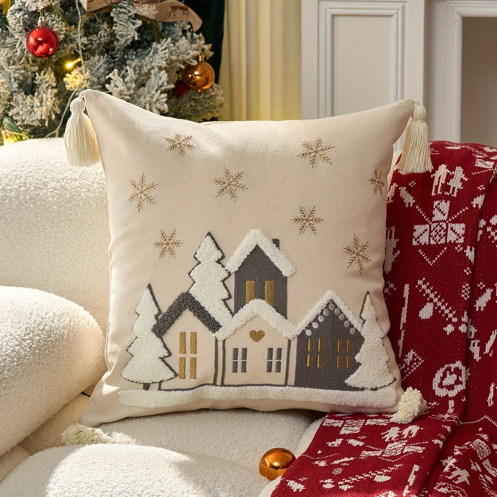 Cotton Throw Pillow Cover - Snowhouse & Tree Design with Golden Stars, Red & White - House Of Avana