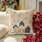 Cotton Throw Pillow Cover - Snowhouse & Tree Design with Golden Stars, Red & White - House Of Avana