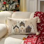 Cotton Throw Pillow Cover - Snowhouse & Tree Design with Golden Stars, Red & White - House Of Avana