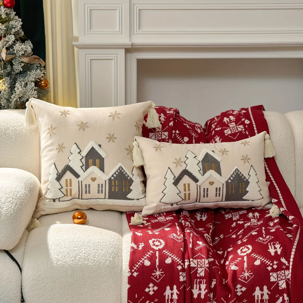 Cotton Throw Pillow Cover - Snowhouse & Tree Design with Golden Stars, Red & White - House Of Avana